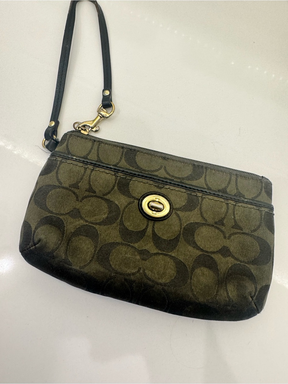 Coach Olive Signature Canvas Wristlet with Black Strap and Gold Turnlock